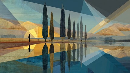 Tranquil scene with tall trees mirrored in water, obscured by triangles