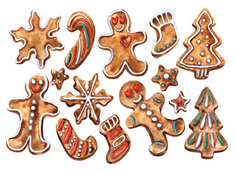 Gingerbread cake,  heart, men. Clipart. Christmas cookies backing.  Watercolor illustration. Greeting cards, print, poster. Gift box.