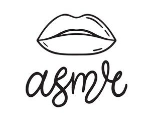 ASMR lettering emblem with lips or mouth icon doodle hand drawn. Outline line drawing clipart symbol