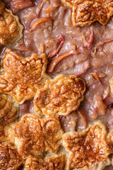 Homemade Apple Pie with fresh apples texture close up. Thanksgiving traditional dessert, autumn baking, recipe