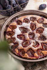 Homemade The New York Times plum cake. Summer or autumn fruit pie. Home cooking