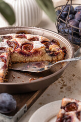 Homemade The New York Times plum cake. Sliced summer or autumn fruit pie in baking dish. Home cooking, recipe