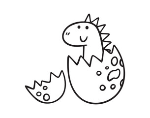 Cute dinosaur or dino hatches from broken egg. Outline hand drawn doodle cute line dinosaur simple childish sketch style. dinosaur icon, print design for baby, kids