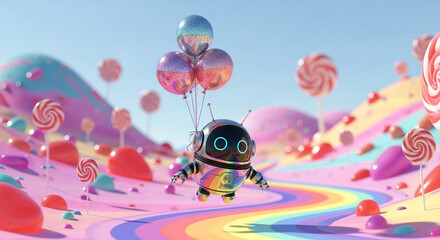 Whimsical robot character floats joyfully with glitter balloons over a vibrant candy wonderland landscape