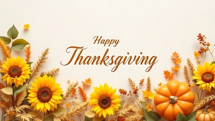 Happy thanksgiving background with sunflowers pumpkin and autumn leaves for fall season celebration on transparent background