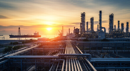 Majestic industrial refinery complex silhouetted against a breathtaking golden sunset, with a large cargo ship sailing on the tranquil ocean.