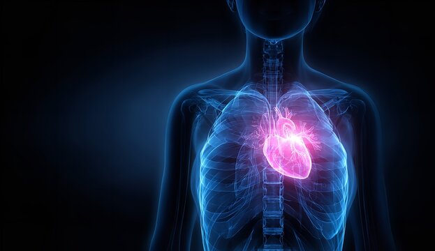 Glowing human heart inside transparent body for medical science and healthcare concepts in a modern style