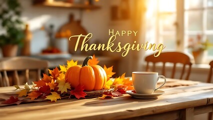 Happy thanksgiving pumpkin and autumn leaves on table in kitchen holiday season background image stock photo on transparent background