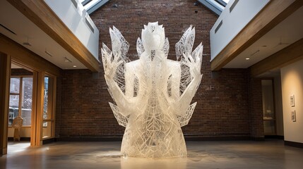 Translucent, crystalline sculpture in gallery with brick wall and skylight