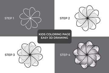 Easy step by step flower drawing tutorial for kids, 3d drawing process, Realistic 3D Character, Drawing, and Printing Design
