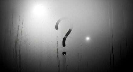 Mysterious question mark drawn on steamy window with soft diffused light creating an atmospheric sense of intrigue and wonder