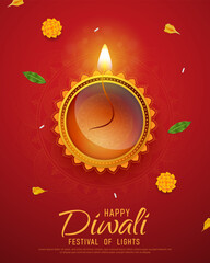 Happy Diwali - Vibrant Festival of Lights Celebration Background Poster Design With Decorative Diya.Indian Hindu Light Festival. Holiday Background. Vector Illustration.