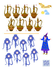 Can you find the shadow of each jug? Best puzzles for kids. Write the numbers in circles. Educational game for children. Task for attentiveness. Game Seek and Find. Hand drawn vector illustration.