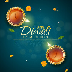 Happy Diwali - Vibrant Festival of Lights Celebration Background Poster Design With Decorative Diya.Indian Hindu Light Festival. Holiday Background. Vector Illustration.