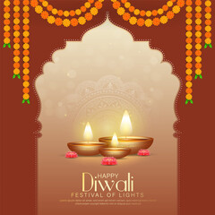 Happy Diwali - Vibrant Festival of Lights Celebration Background Poster Design With Decorative Diya.Indian Hindu Light Festival. Holiday Background. Vector Illustration.