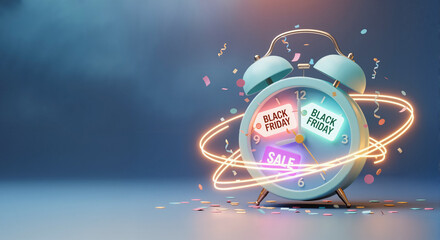 Stylish alarm clock spinning with "Black Friday" and "Sale" tags surrounded by colorful confetti against a vibrant background, promotional concept of retail or e-commerce