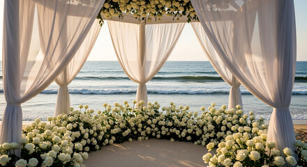 Dreamy oceanfront wedding setup with white roses and sheer curtains creating a romantic atmosphere for a seaside ceremony or vow renewal celebration