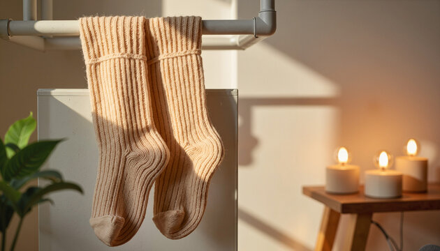 Cozy wool socks drying by warm light indoors, winter comfort - Powered by Adobe