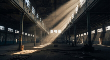 Naklejka premium Dramatic sunlight streams into abandoned factory warehouse, creating a sense of mystery and industrial decay, perfect for gritty urban storytelling