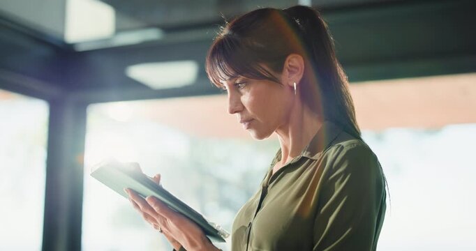 Business, woman and typing with tablet in office for research, proofreading and editor feedback. Below, mature person and digital for editing article, draft update and schedule with publication post