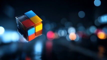 Translucent cube with colorful squares hovers; blurred cityscape background