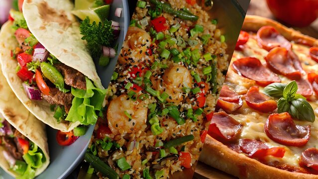 A triptych combining Mexican, Asian, and Italian cuisine in one image. A collage of three dishes: tacos with meat and vegetables, fried rice with shrimp, and pizza with ham and basil. 