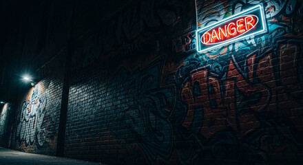 Enter the urban landscape with a glowing neon danger sign amidst colorful graffiti art, perfect for edgy designs and captivating stories