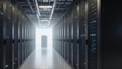 Fototapeta premium Interior view of a server room with rows of cabinets, light at the end