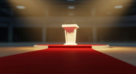 Elegant white podium with microphone on red carpet for speeches, presentations, or awards ceremonies in a brightly lit, modern hall