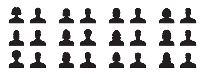 Silhouette male and female heads. People profile avatars, anonymous faces portraits, black silhouette unknown faceless set