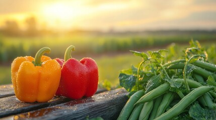 Colorful bell peppers and fresh green beans in a sunlit garden at sunset