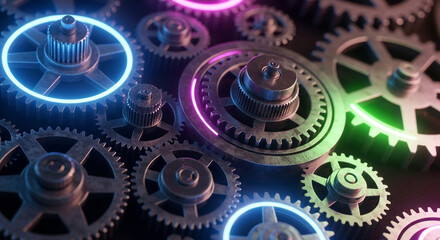 Dynamic gears with vibrant neon highlights evoke innovation and progress for a cutting-edge technology project or modern engineering concept