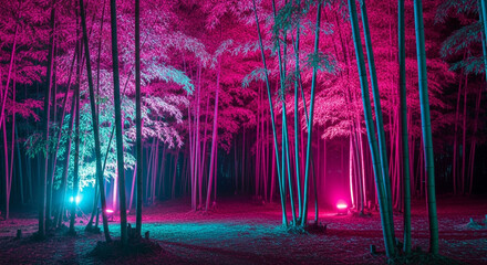 Vibrant bamboo forest at night with stunning pink and teal lighting creates magical, otherworldly ambiance perfect for fantasy or sci-fi projects