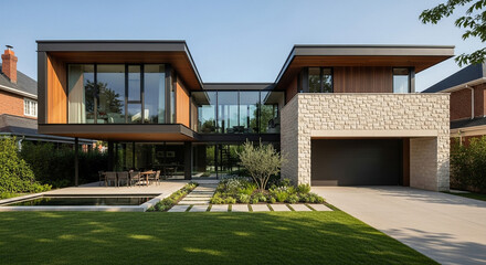 Stunning modern home with clean lines and a beautiful garden for upscale living and architectural appeal in a luxury real estate setting