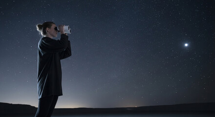 Woman gazing at the stunning night sky with bright stars through binoculars, perfect for adventure, exploration, and aspirational themes