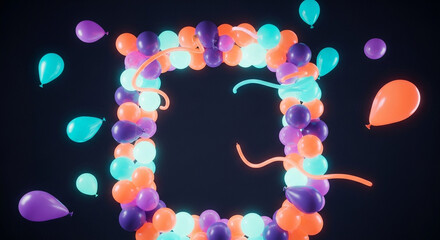 Celebrate with vibrant balloons forming a festive frame, perfect for party invitations and creating joyful announcements with a modern, neon glow