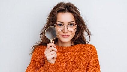 Beautiful woman wearing glasses curiously examining details with a golden magnifying glass seeking answers now