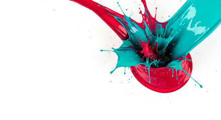 Dynamic red and teal paint splashes erupting from a container in a high-speed motion capture.