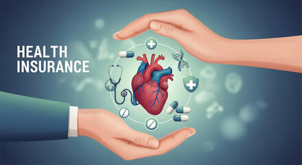 Caring hands protect a vibrant heart and medical symbols, symbolizing comprehensive health insurance and well-being for all.