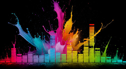 Explosive vibrant color splashes erupting over a dynamic, glowing equalizer bar, perfect for energetic music events and creative projects