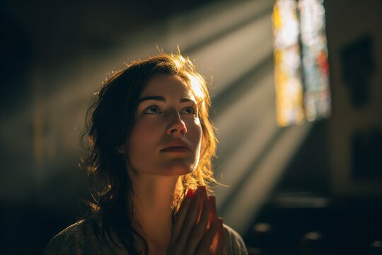 Beautiful woman praying in church with sunlight shining through stained glass window seeking hope and inspiration