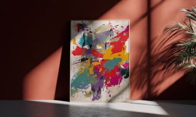 Colorful Abstract Painting on Display with Shadows and Light.