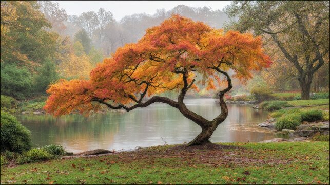 Majestic tree displays vibrant autumn foliage of fiery orange and red hues, gracefully arching over tranquil water, set amidst a serene park landscape with lush greenery and a misty atmosphere...