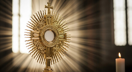 Sacred golden monstrance with host bathed in divine light, symbolizing faith and devotion during solemn religious ceremony