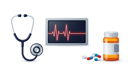 Professional medical icons including a stethoscope, vital sign monitor displaying a heartbeat, and a prescription pill bottle with scattered pills