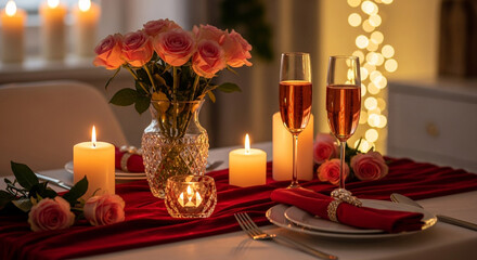 Romantic candlelit dinner for two with champagne, roses, and soft bokeh lights creates an intimate and elegant atmosphere for special celebrations.