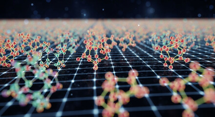 Stunning molecular structures visualize complex scientific breakthroughs on a digital grid, perfect for tech and research concepts