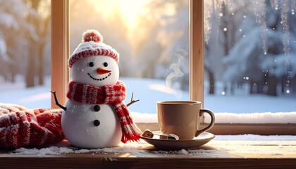 Cozy winter window scene with snowman, steaming coffee, and snowy landscape bringing holiday cheer to your seasonal marketing campaign