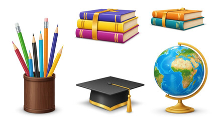 Unlock your potential with vibrant school supplies, graduation cap, and world globe for educational success and global learning adventures