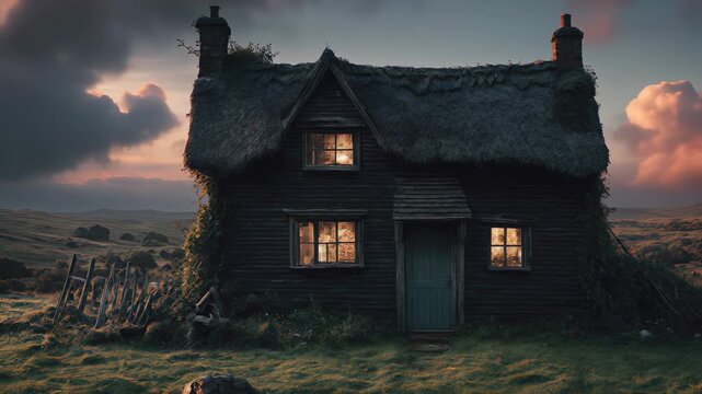 Rustic thatched cottage illuminated at dusk in a serene landscape